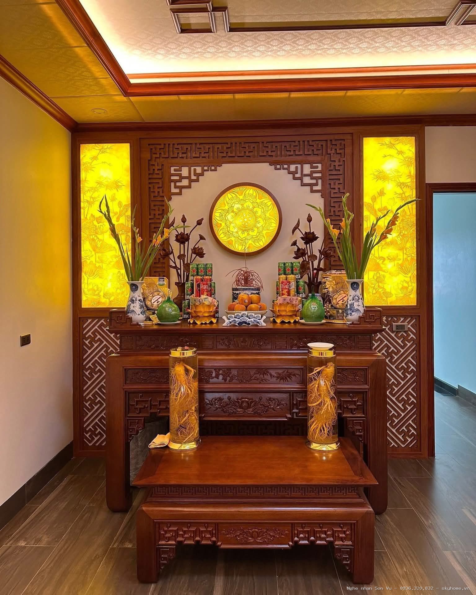 Phòng thờ 3 bàn gỗ sồi hiện đại - Chế tác bởi Nghệ nhân Sơn Vũ